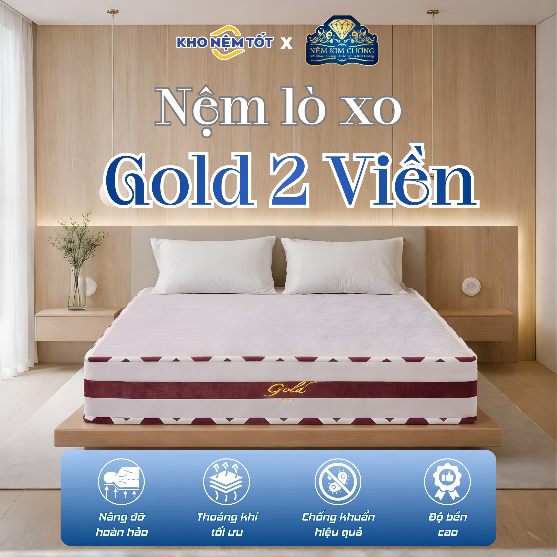Nệm lò xo túi cao su Kim Cương Gold 2 Viền
