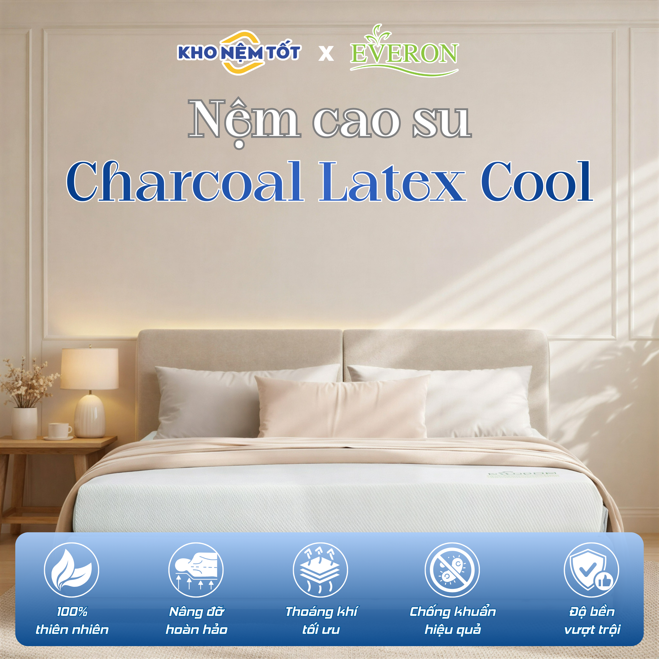 Nệm cao su thiên nhiên Everon Charcoal Latex Cool
