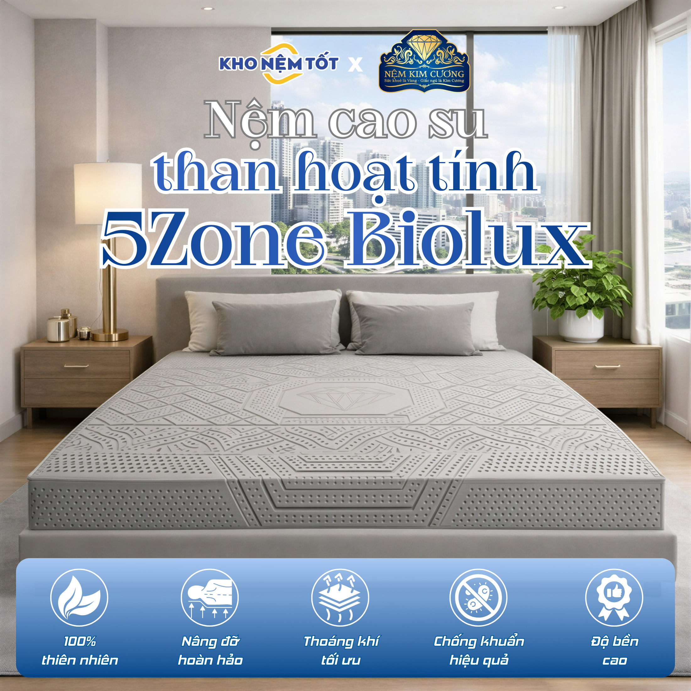 Nệm cao su than hoạt tính Kim Cương 5Zone Biolux