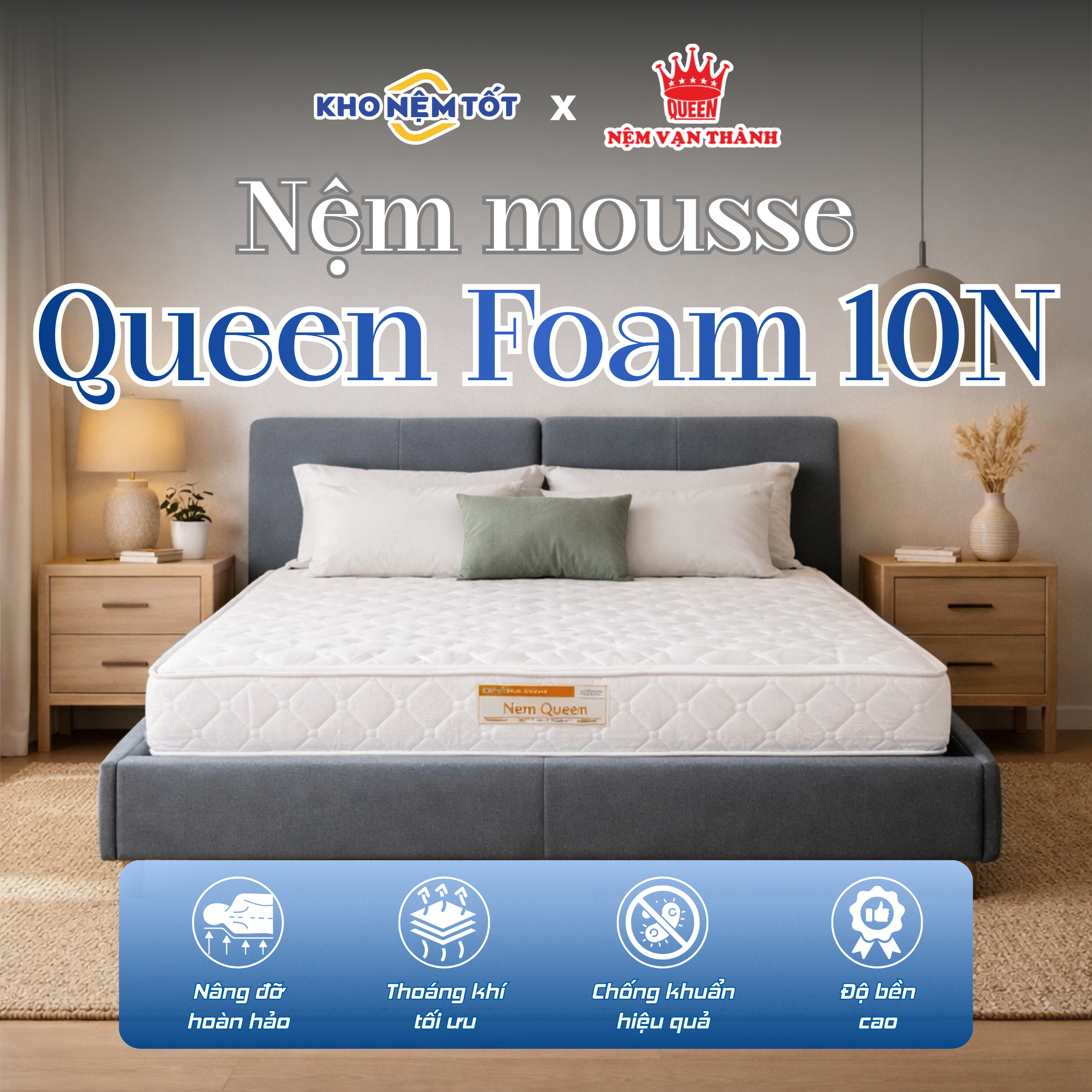 Nệm mousse Vạn Thành Queen Foam 10N