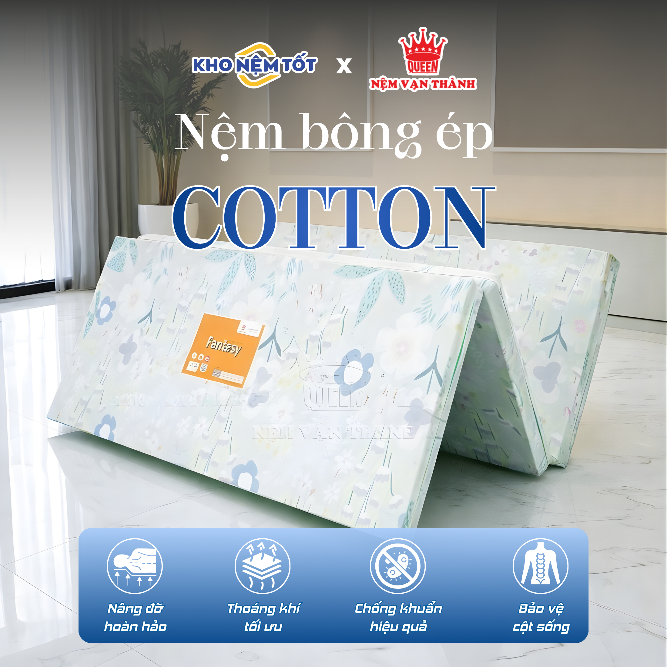 Nệm bông ép Vạn Thành vải Cotton